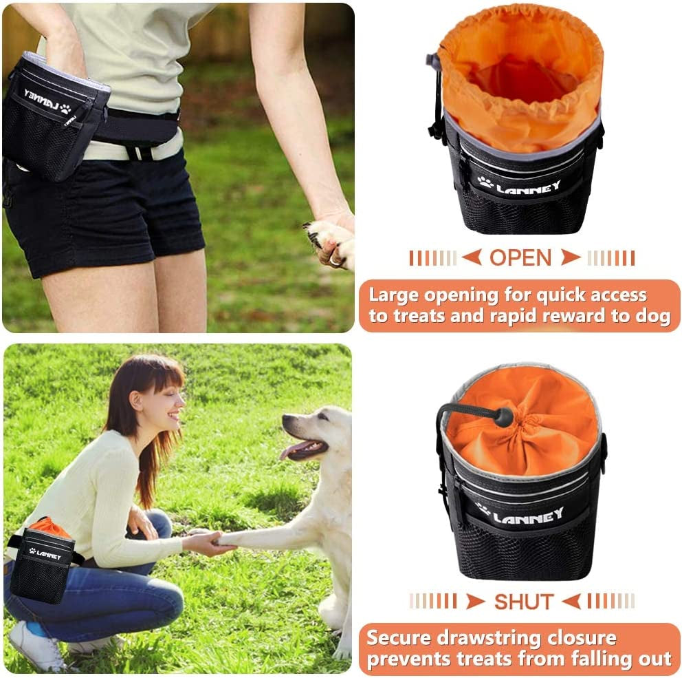 Dog Training Treat Pouch - Versatile Carry Bag for Kibble, Snacks, and Toys with Metal Clip, Waist Belt, Shoulder Strap, and Poop Bag Dispenser - Black and Orange