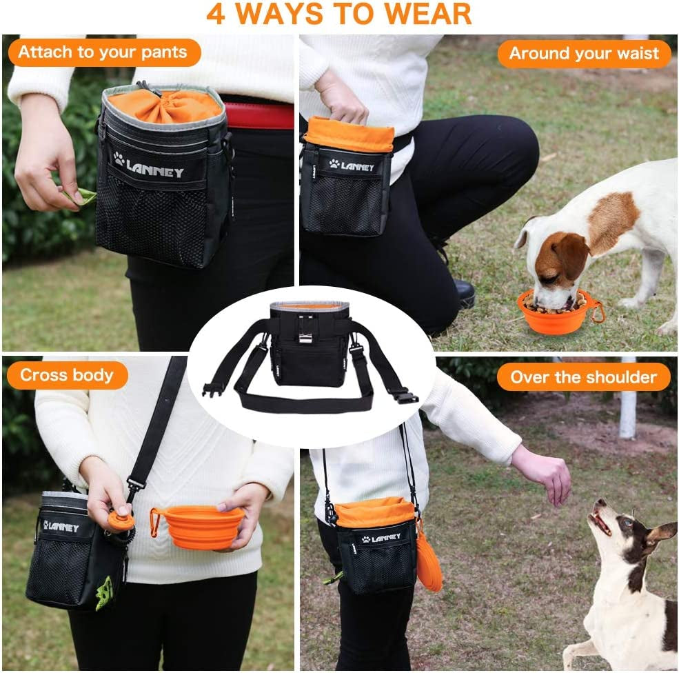 Dog Training Treat Pouch - Versatile Carry Bag for Kibble, Snacks, and Toys with Metal Clip, Waist Belt, Shoulder Strap, and Poop Bag Dispenser - Black and Orange