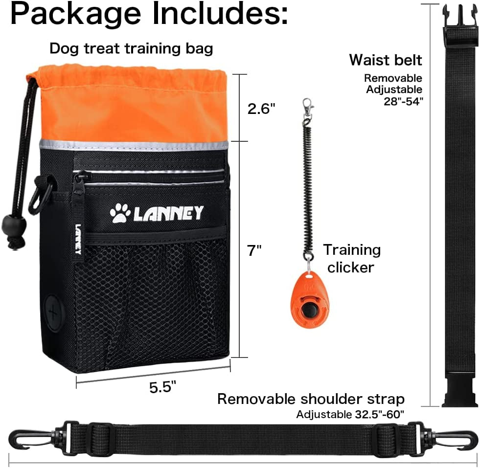 Dog Training Treat Pouch - Versatile Carry Bag for Kibble, Snacks, and Toys with Metal Clip, Waist Belt, Shoulder Strap, and Poop Bag Dispenser - Black and Orange