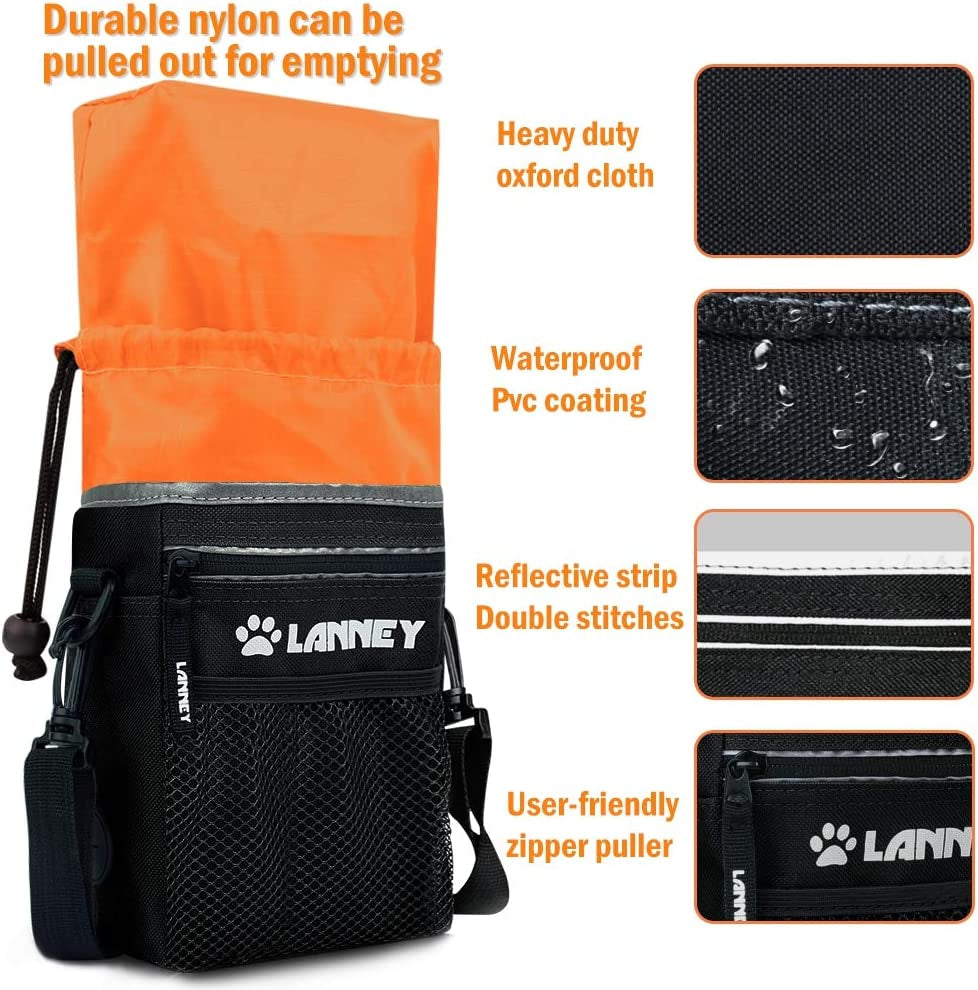 Dog Training Treat Pouch - Versatile Carry Bag for Kibble, Snacks, and Toys with Metal Clip, Waist Belt, Shoulder Strap, and Poop Bag Dispenser - Black and Orange