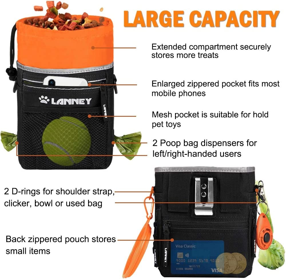 Dog Training Treat Pouch - Versatile Carry Bag for Kibble, Snacks, and Toys with Metal Clip, Waist Belt, Shoulder Strap, and Poop Bag Dispenser - Black and Orange