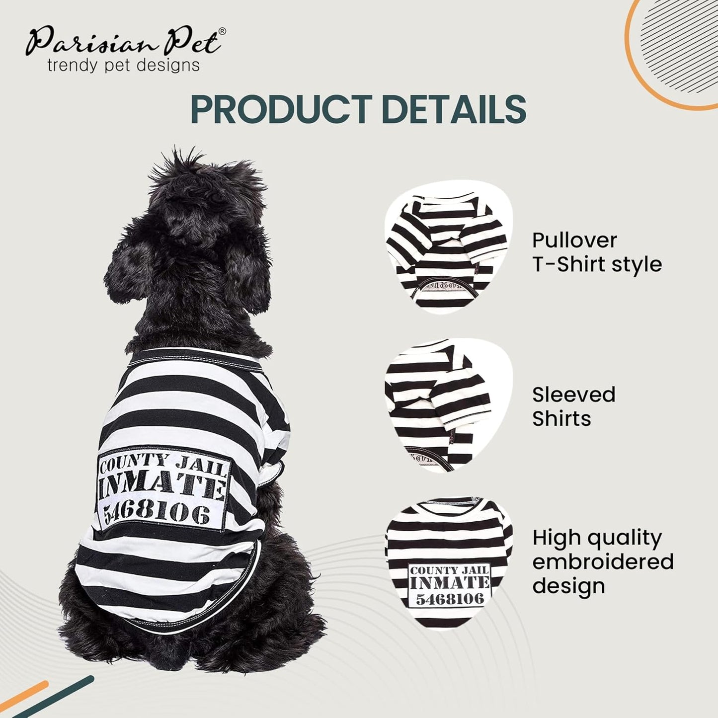 Prisoner Costumes - Prisoner Dog Halloween Costume - Halloween Shirts for Dogs - Black and White Strips Pet Clothes - Pet Halloween Costumes - Sleeved Pet Costume for Medium Dogs - M