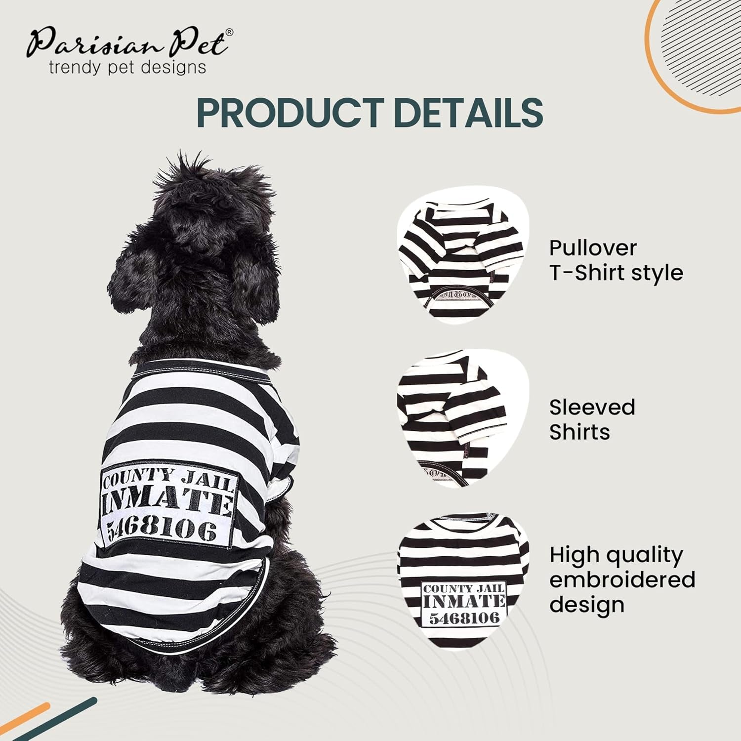 Prisoner Costumes - Prisoner Dog Halloween Costume - Halloween Shirts for Dogs - Black and White Strips Pet Clothes - Pet Halloween Costumes - Sleeved Pet Costume for Medium Dogs - M