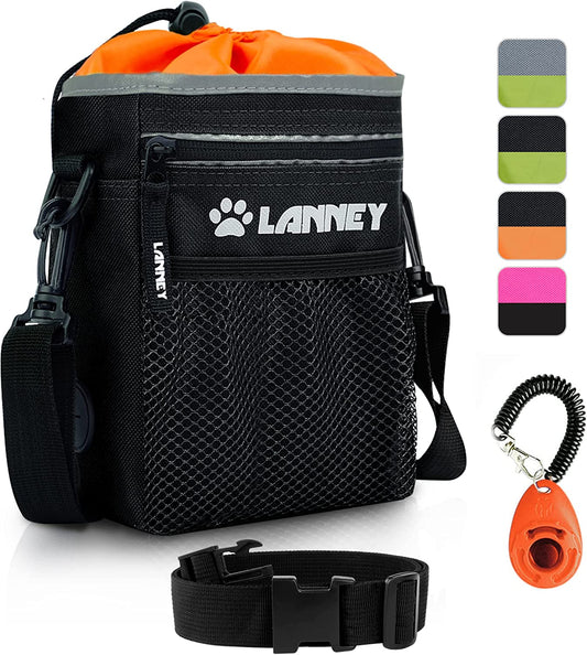 Dog Training Treat Pouch - Versatile Carry Bag for Kibble, Snacks, and Toys with Metal Clip, Waist Belt, Shoulder Strap, and Poop Bag Dispenser - Black and Orange