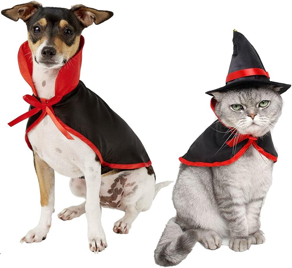 Halloween Pet Costume Set - 4-Piece Bat Wings, Witch Cloak, and Wizard Hat for Cats and Small Dogs - Cute Dress-Up Accessories for Cosplay and Halloween Parties