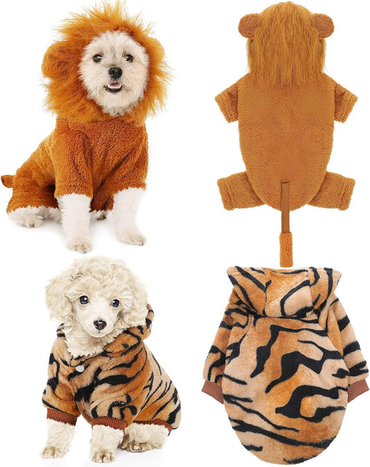 2 Pieces Dog Winter Sweater for Small Dogs Lion Tiger Costumes Warm Pet Coats Christmas (L Size)
