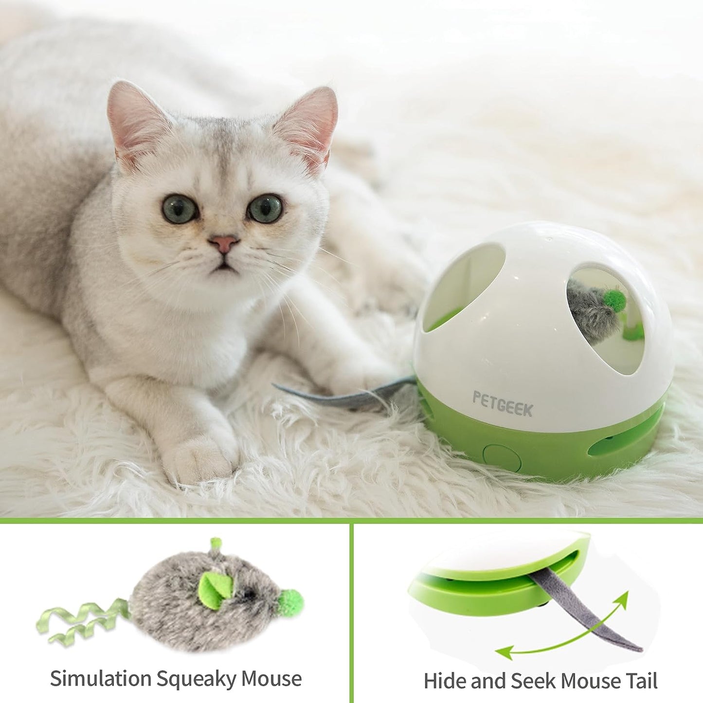 Interactive Electronic Cat Toy - Hidey Mouse with Squeaky Feature and Catnip, Automatic Indoor Play for Cats (Green)
