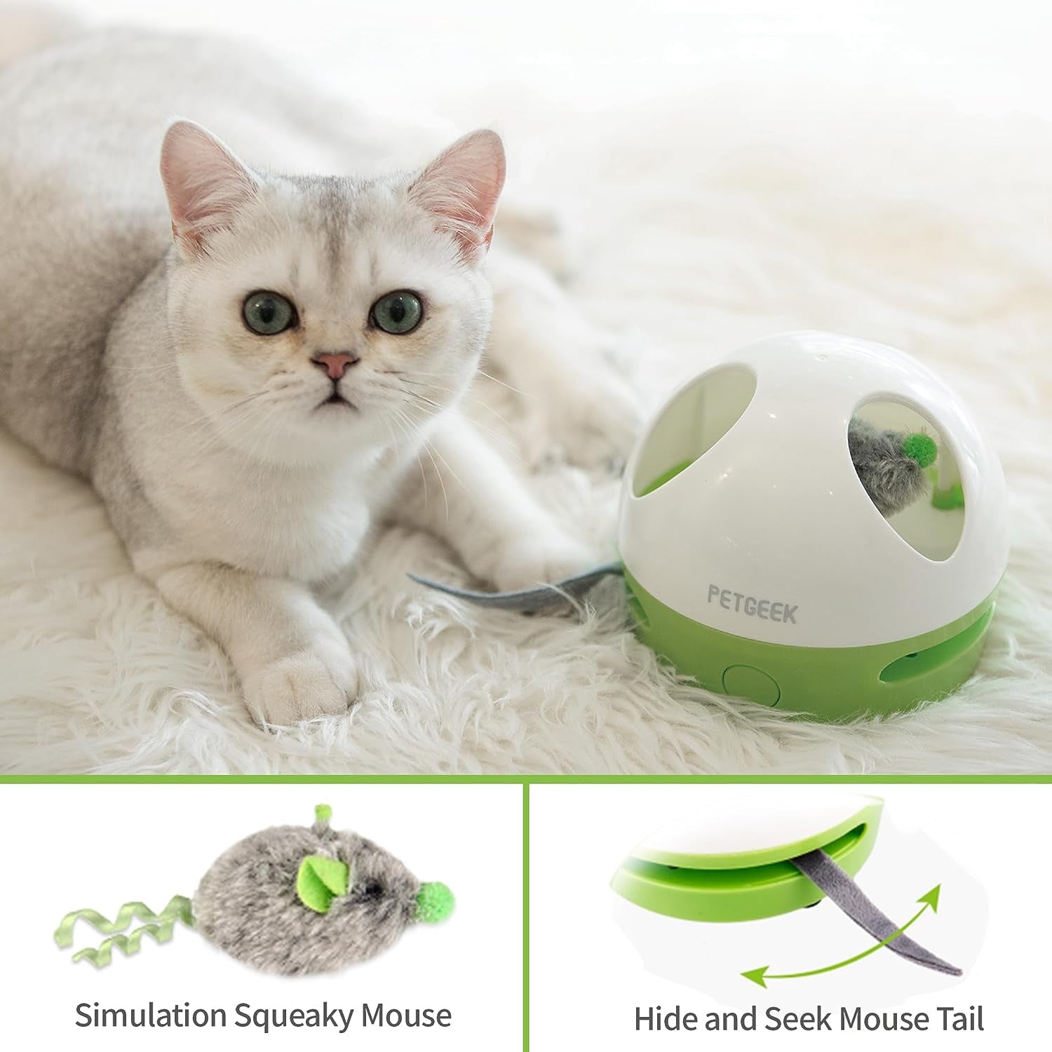 Interactive Electronic Cat Toy - Hidey Mouse with Squeaky Feature and Catnip, Automatic Indoor Play for Cats (Green)