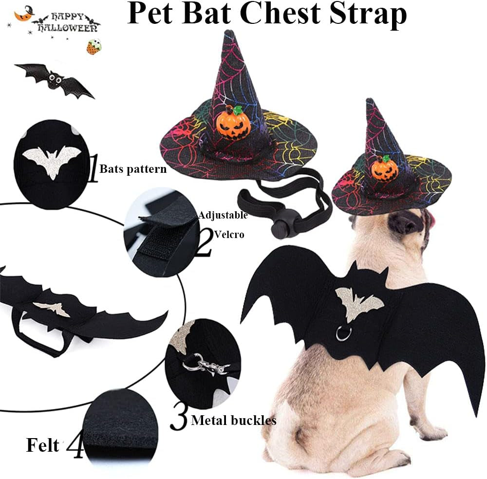 Halloween Pet Costume Set - 4-Piece Bat Wings, Witch Cloak, and Wizard Hat for Cats and Small Dogs - Cute Dress-Up Accessories for Cosplay and Halloween Parties