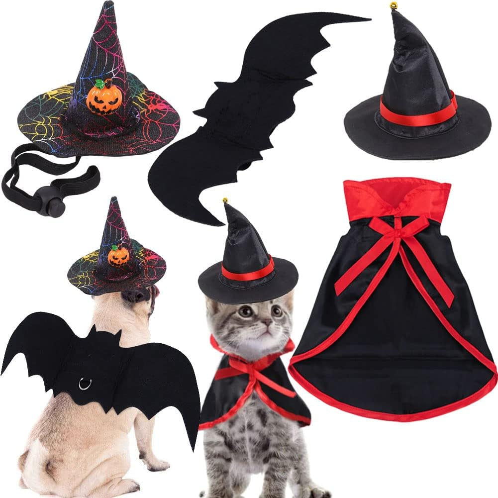 Halloween Pet Costume Set - 4-Piece Bat Wings, Witch Cloak, and Wizard Hat for Cats and Small Dogs - Cute Dress-Up Accessories for Cosplay and Halloween Parties