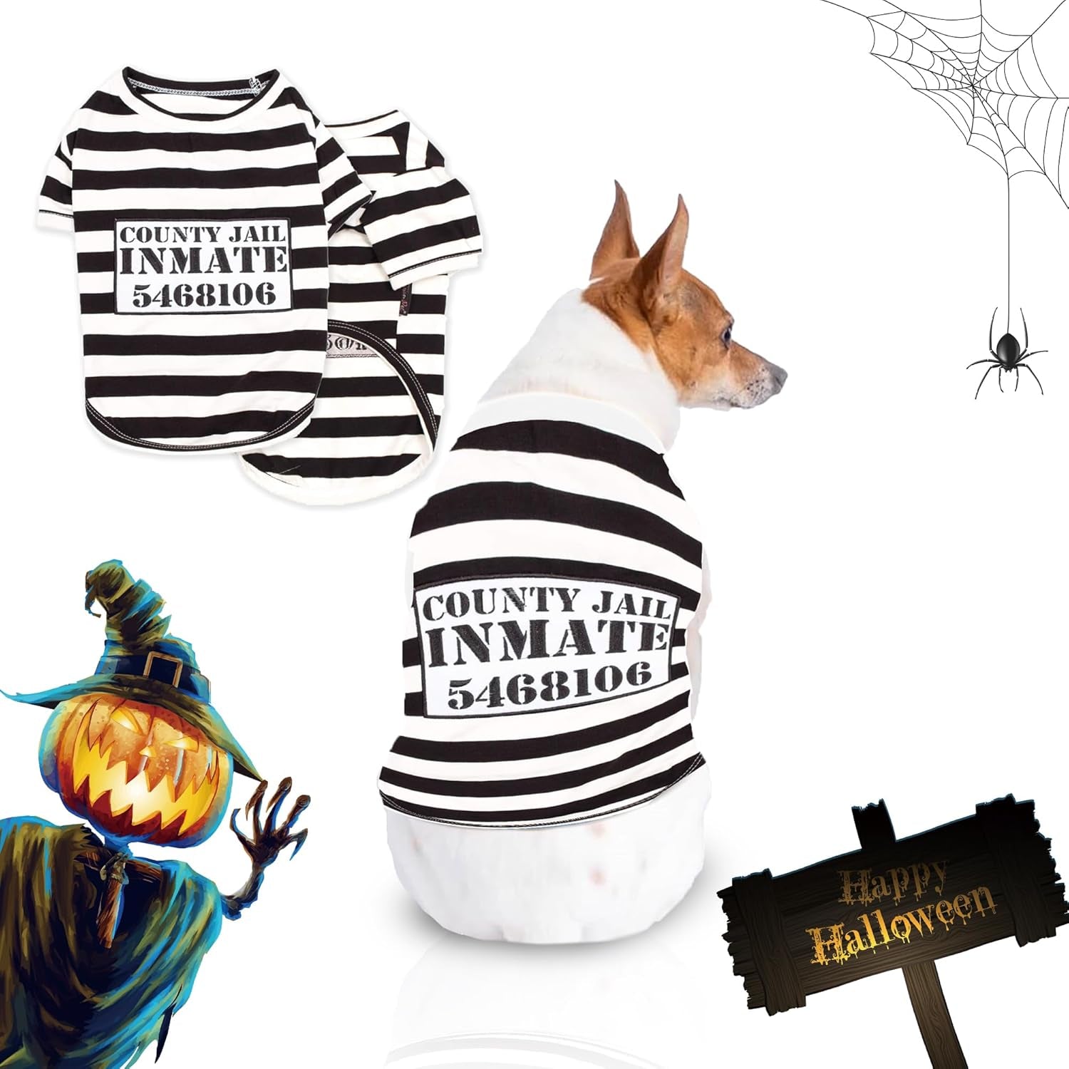Prisoner Costumes - Prisoner Dog Halloween Costume - Halloween Shirts for Dogs - Black and White Strips Pet Clothes - Pet Halloween Costumes - Sleeved Pet Costume for Medium Dogs - M
