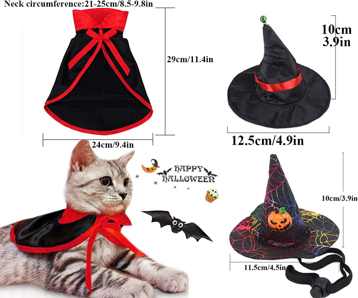 Halloween Pet Costume Set - 4-Piece Bat Wings, Witch Cloak, and Wizard Hat for Cats and Small Dogs - Cute Dress-Up Accessories for Cosplay and Halloween Parties
