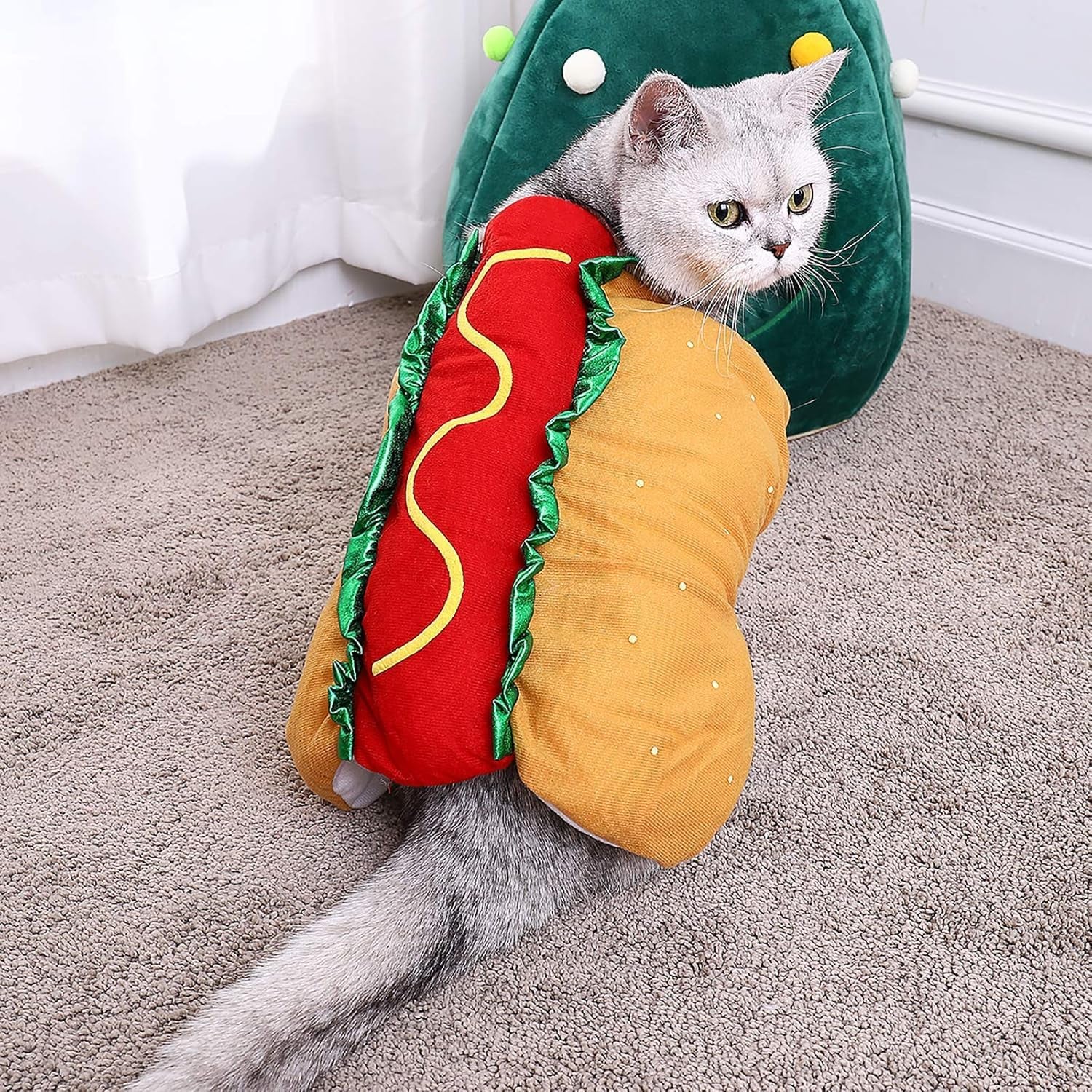 Funny Hot Dog Design Pet Costumes - Halloween Pet Apparel Warm Hoodie for Dogs and Cats, Pet Cosplay Outfit Uniform for Medium and Small Dogs
