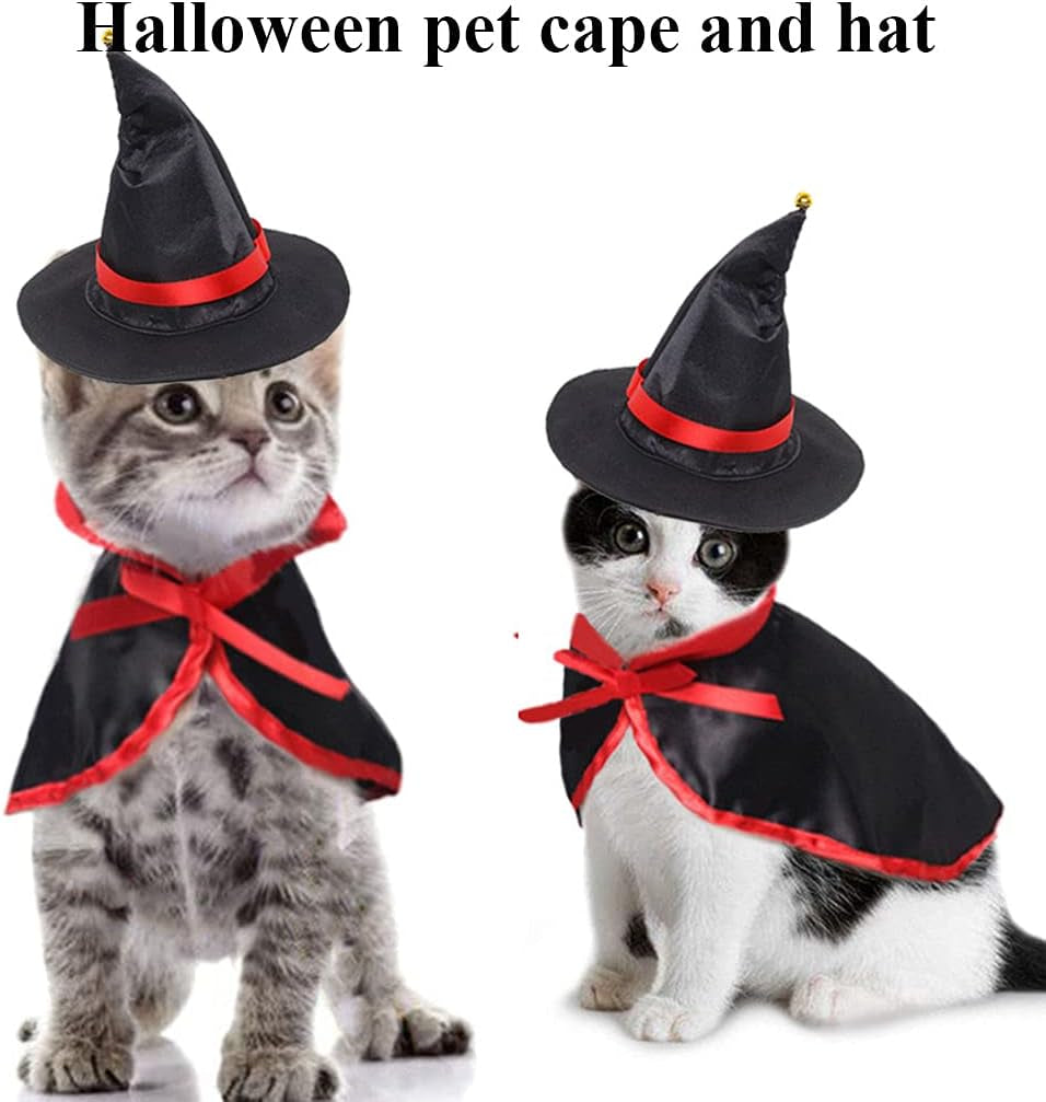 Halloween Pet Costume Set - 4-Piece Bat Wings, Witch Cloak, and Wizard Hat for Cats and Small Dogs - Cute Dress-Up Accessories for Cosplay and Halloween Parties
